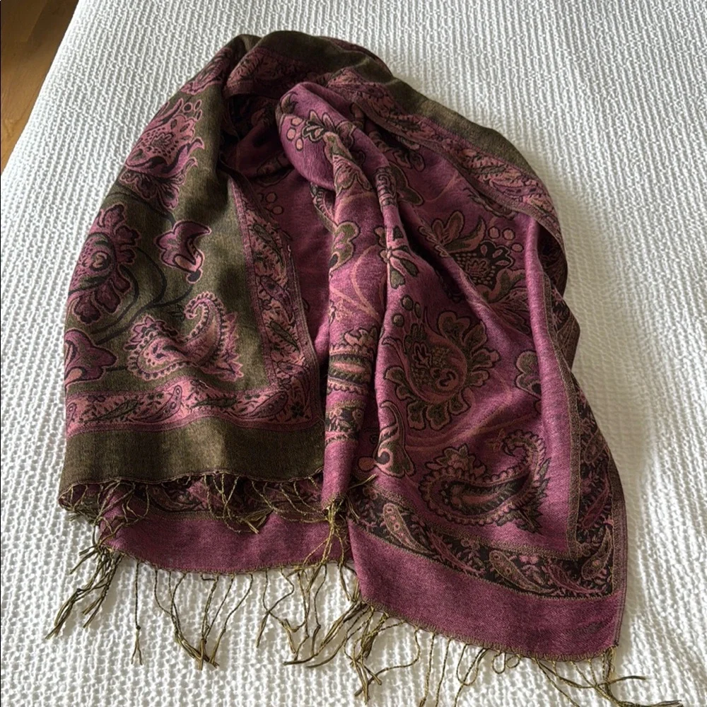Purple Floral Paisley Embroidered Scarf with Fringe